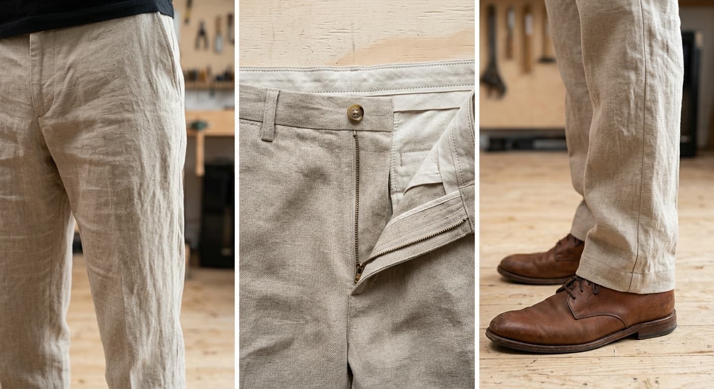 Close-up comparison of linen trouser drape, waistband construction, and hem break