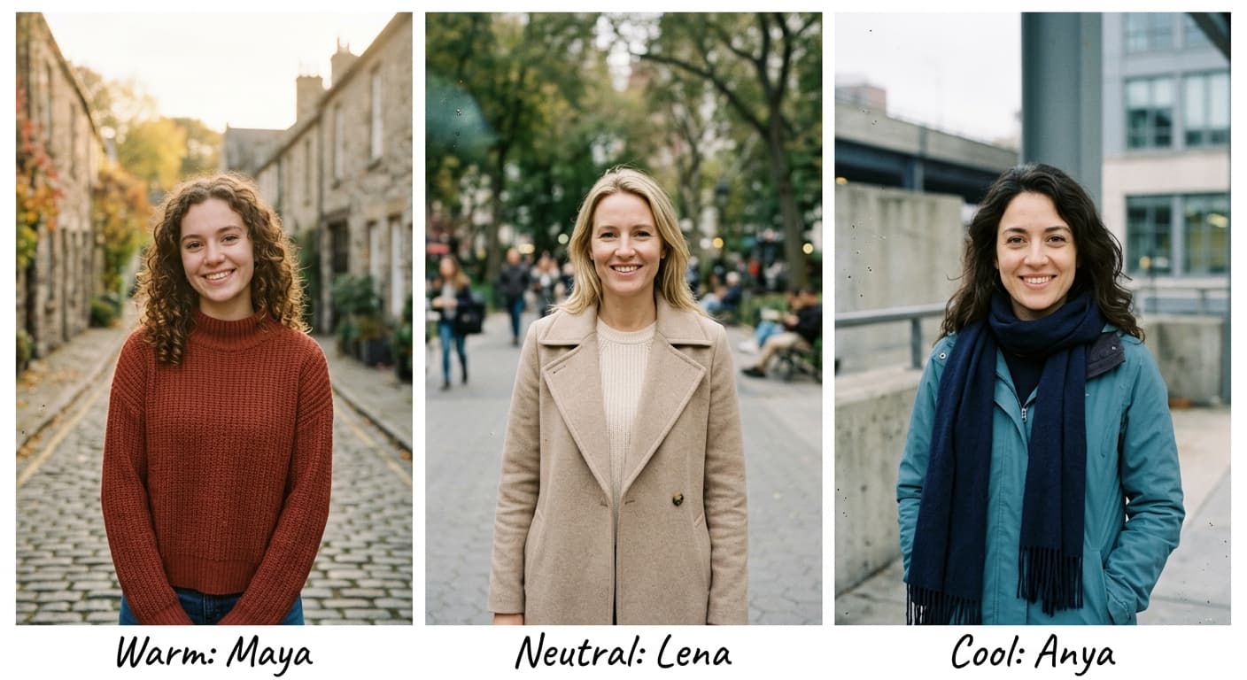 Portrait comparison showing warm, cool, and neutral clothing colors