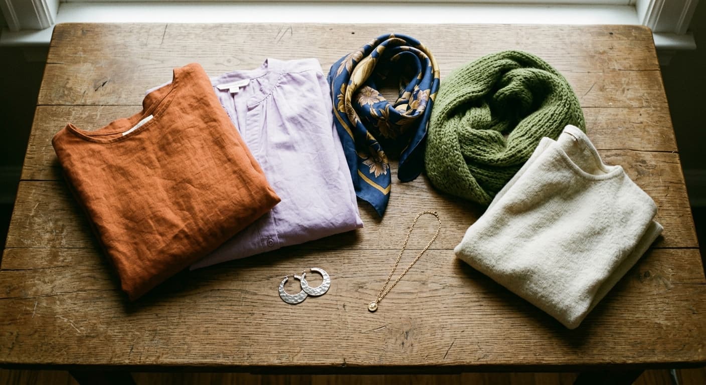 Flat lay of scarves, jewelry, and tops used to test undertone-friendly colors