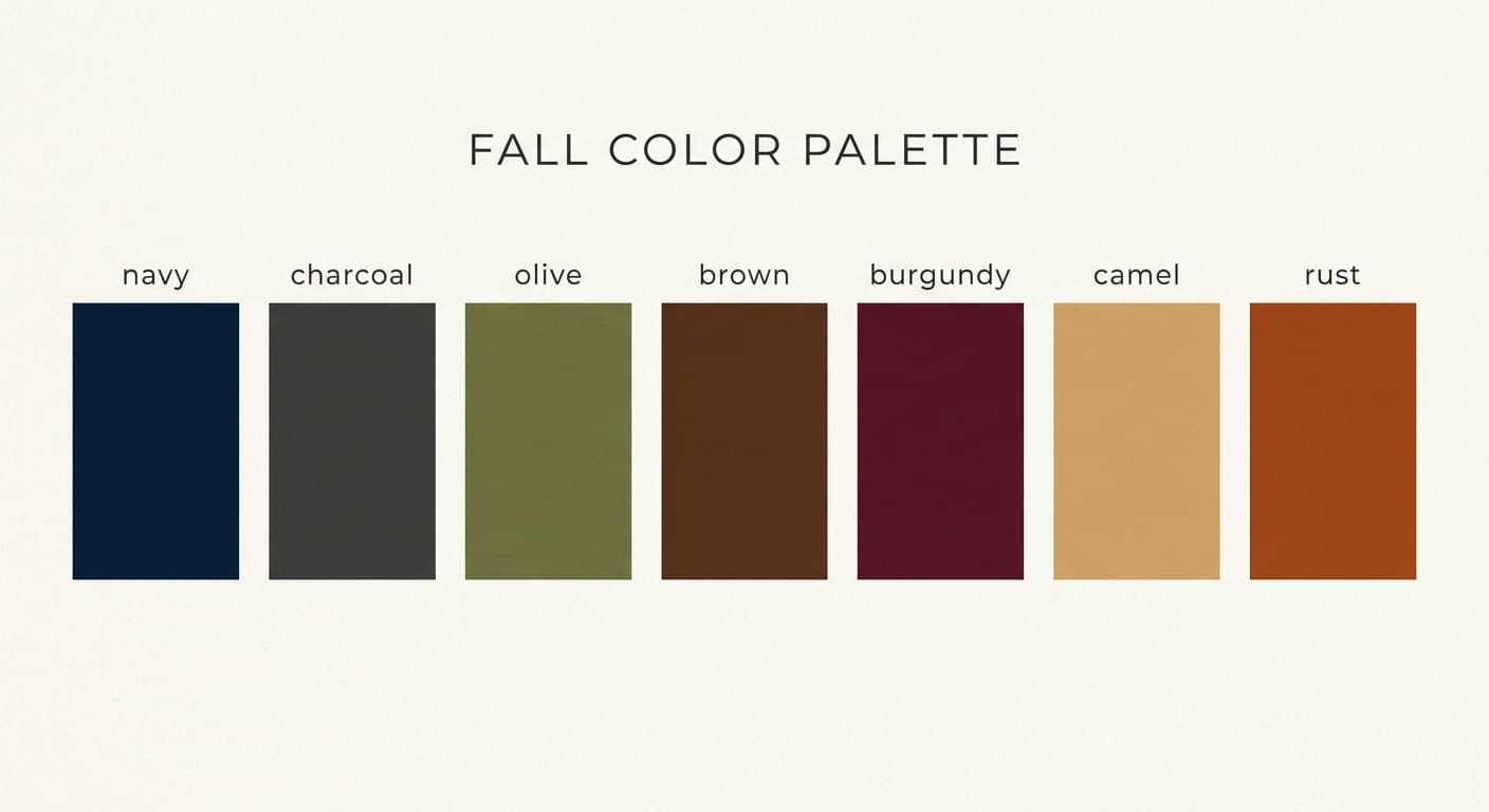 Fall palette graphic with navy, charcoal, olive, brown, burgundy, camel, and rust
