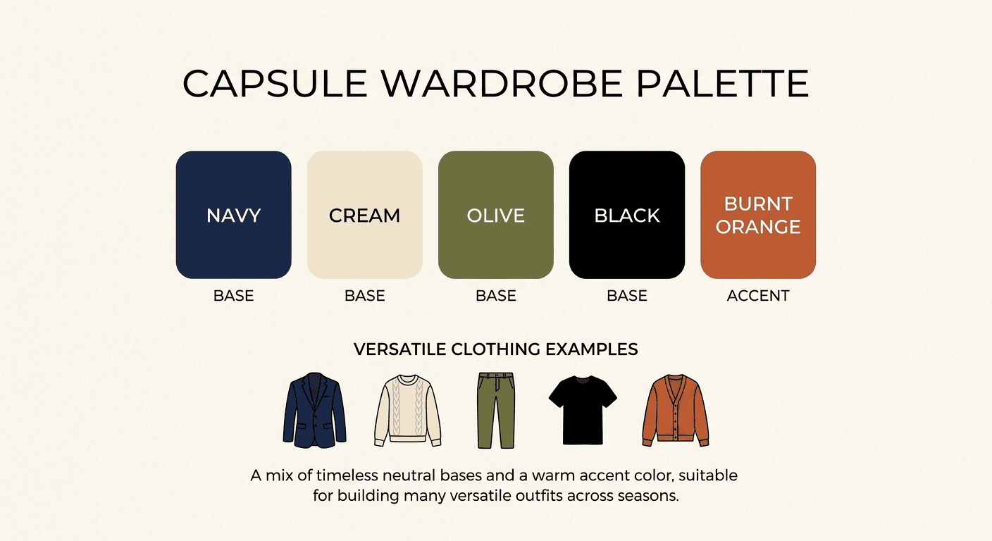 Capsule wardrobe color palette with neutrals and one accent color