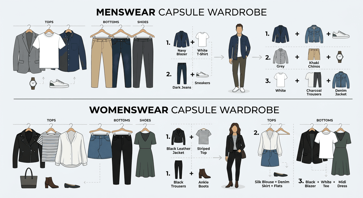 Wardrobe matrix board showing outfit combinations from a capsule wardrobe