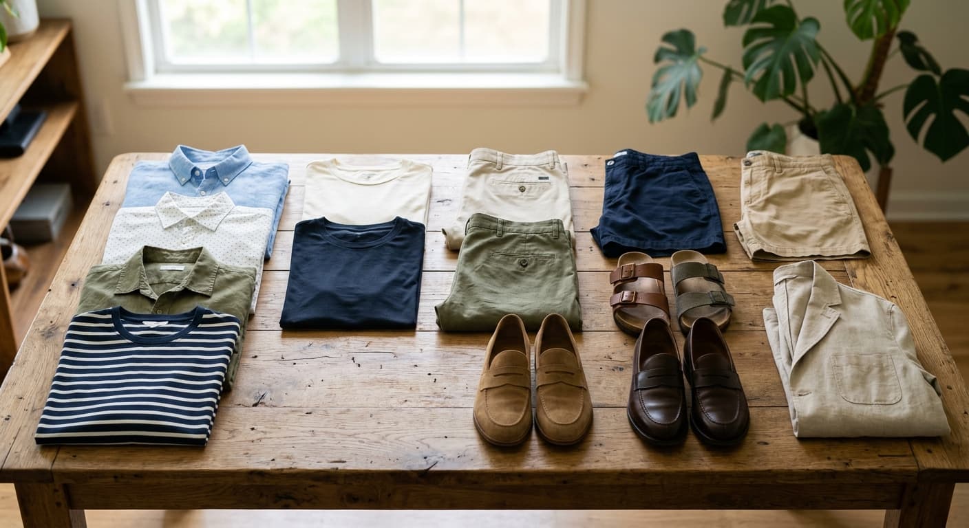 Summer capsule wardrobe with tops, bottoms, shoes, and light layers