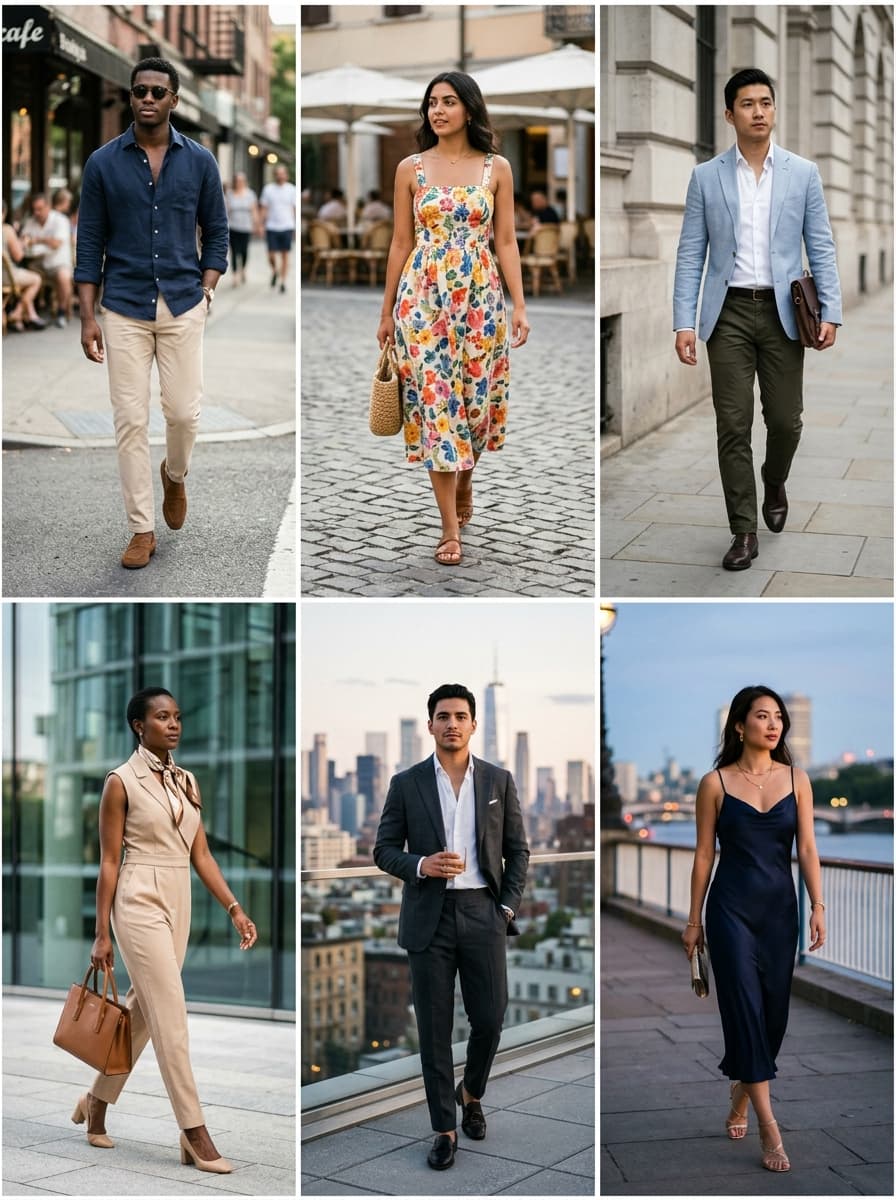 Collage showing casual, office, and evening summer outfits