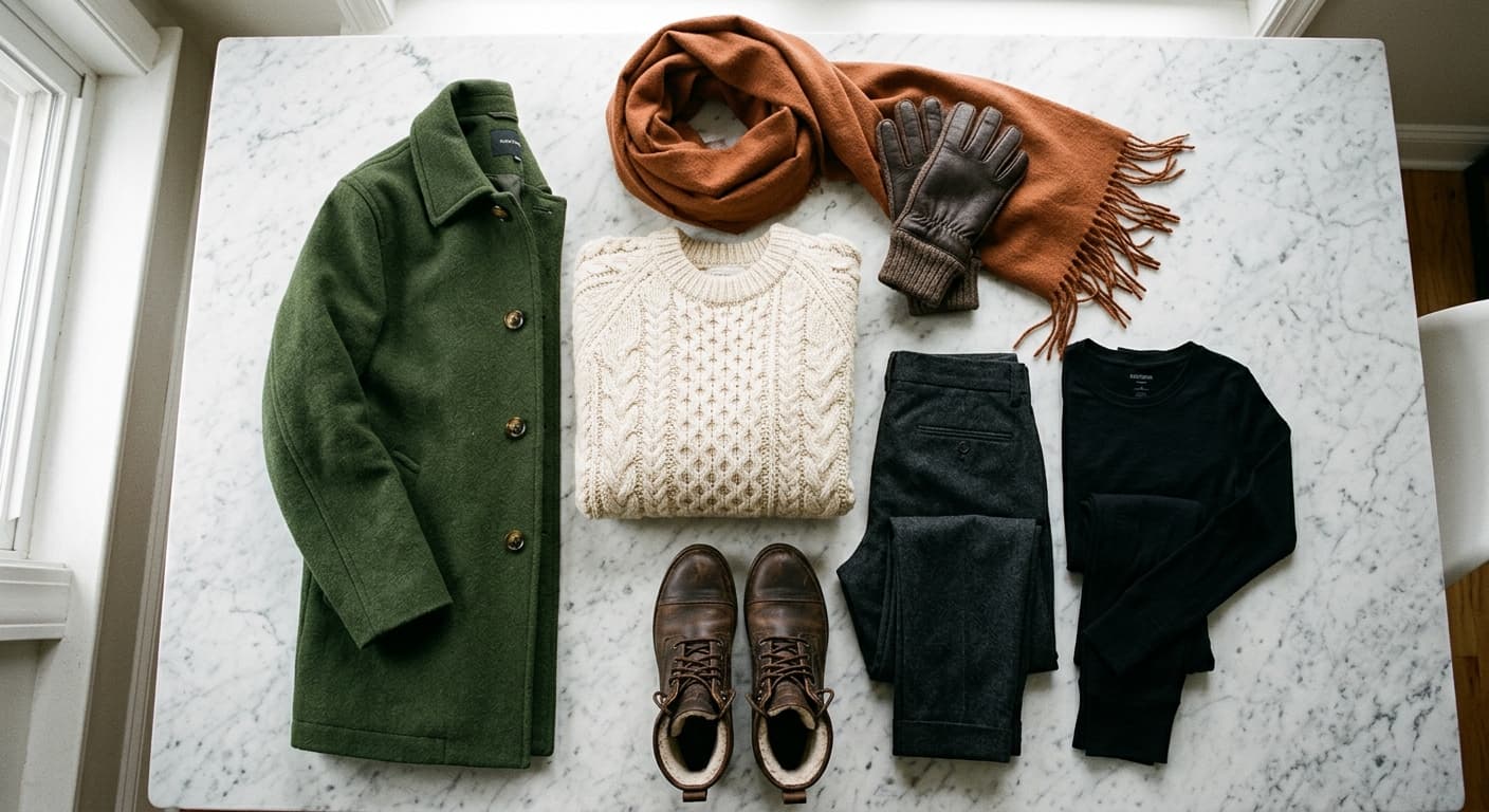 Winter capsule flat lay with coat, knitwear, trousers, boots, and accessories